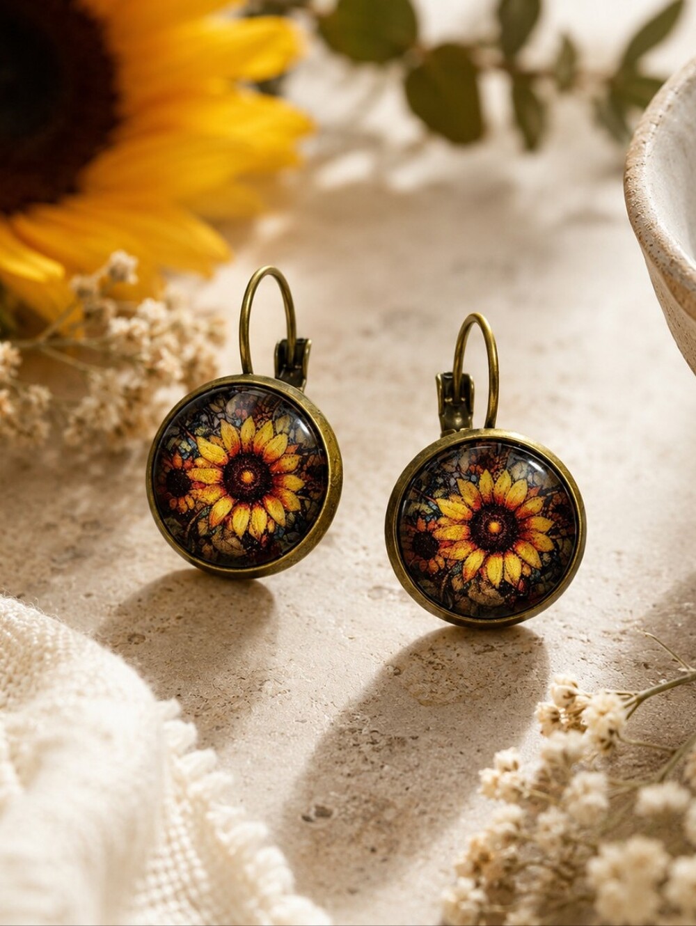 Rustic Sunflower Dangle Earrings Bronze Tone NIP